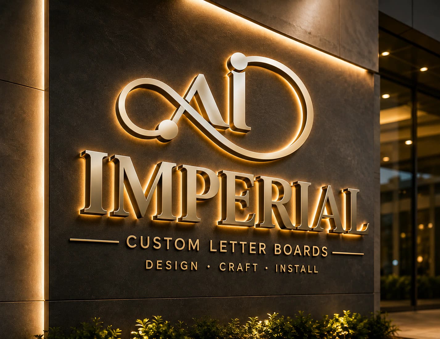 AD Imperial logo in illuminated gold dimensional letters on a dark wall